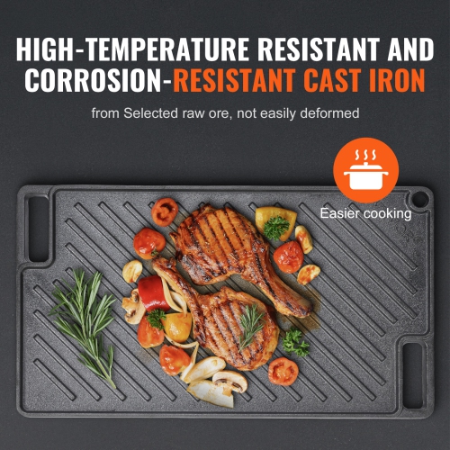 VEVOR 9.7"x16.7" Reversible Grill/Griddle, Pre-Seasoned Cast Iron Griddle, Rectangular Double Burner Griddle Pan, Non-Stick Family Pan Cookware with