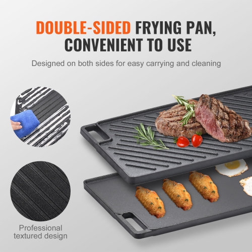 VEVOR 9.7"x16.7" Reversible Grill/Griddle, Pre-Seasoned Cast Iron Griddle, Rectangular Double Burner Griddle Pan, Non-Stick Family Pan Cookware with