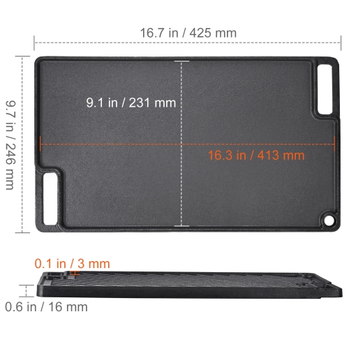 VEVOR 9.7"x16.7" Reversible Grill/Griddle, Pre-Seasoned Cast Iron Griddle, Rectangular Double Burner Griddle Pan, Non-Stick Family Pan Cookware with