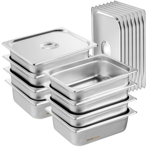 VEVOR 8 Pack Hotel Pans, 1/2 Size Anti-Jam Steam Pan with Lid, 0.8mm Thick Stainless Steel Steam Table Pan, 4-Inch Deep Commercial Table Pan,