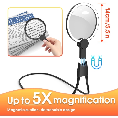 Loupe avec lumière, loupe 5x mains libres avec support, loupe large pour aînés Lecture couture