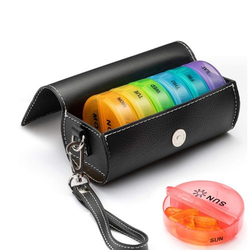 Weekly Pill Organizer Daily Pill Box with PU Leather Case Medicine Organizer 7 Day Pill Container-Colorful