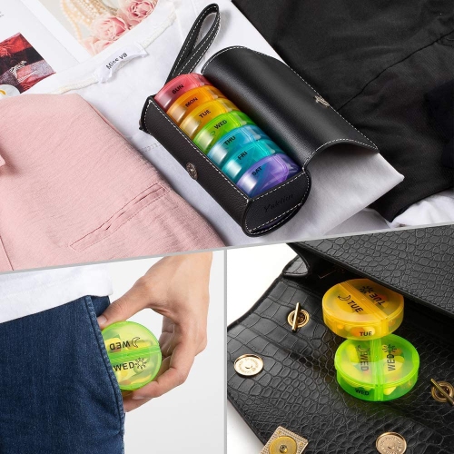 Weekly Pill Organizer Daily Pill Box with PU Leather Case Medicine Organizer 7 Day Pill Container-Colorful