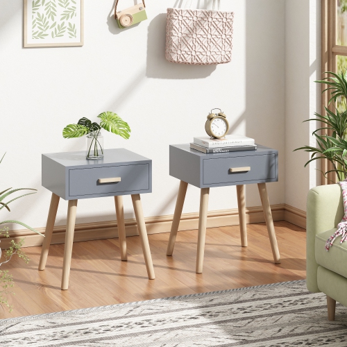 Set of 2 Wooden Bedside Table Solid Wood Legs, Nightstand End Table w/ Storage Drawer for Bedroom Living Room Office Home Furniture, Gray