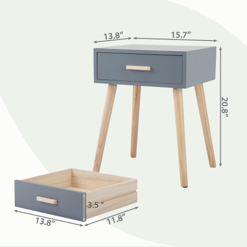 Set of 2 Wooden Bedside Table Solid Wood Legs, Nightstand End Table w/ Storage Drawer for Bedroom Living Room Office Home Furniture, Gray