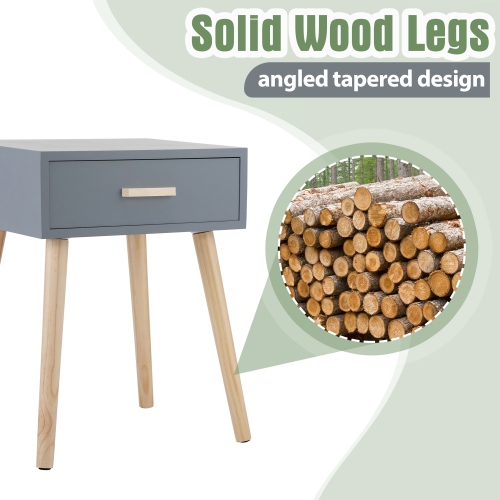 Set of 2 Wooden Bedside Table Solid Wood Legs, Nightstand End Table w/ Storage Drawer for Bedroom Living Room Office Home Furniture, Gray