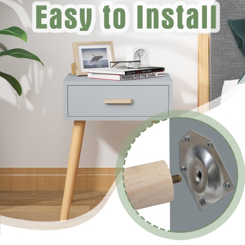 Set of 2 Wooden Bedside Table Solid Wood Legs, Nightstand End Table w/ Storage Drawer for Bedroom Living Room Office Home Furniture, Gray