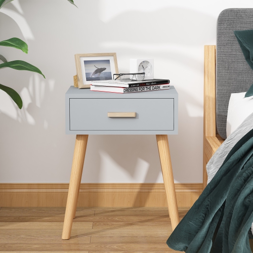 Set of 2 Wooden Bedside Table Solid Wood Legs, Nightstand End Table w/ Storage Drawer for Bedroom Living Room Office Home Furniture, Gray
