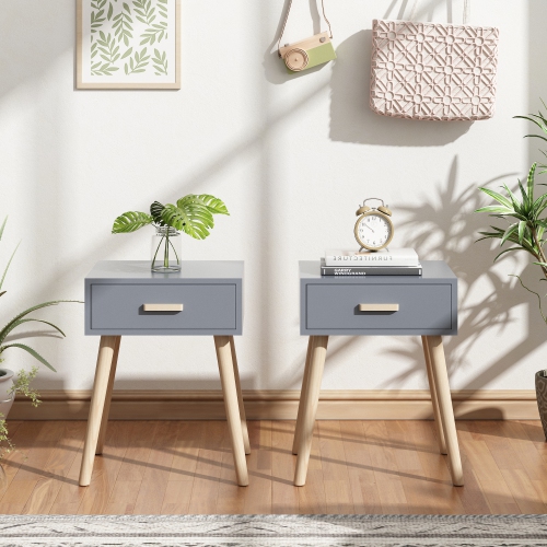 Set of 2 Wooden Bedside Table Solid Wood Legs, Nightstand End Table w/ Storage Drawer for Bedroom Living Room Office Home Furniture, Gray