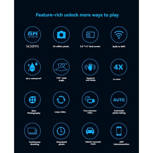 Caméra sport d'extérieur étanche 5K télécommande antitremblement écran double