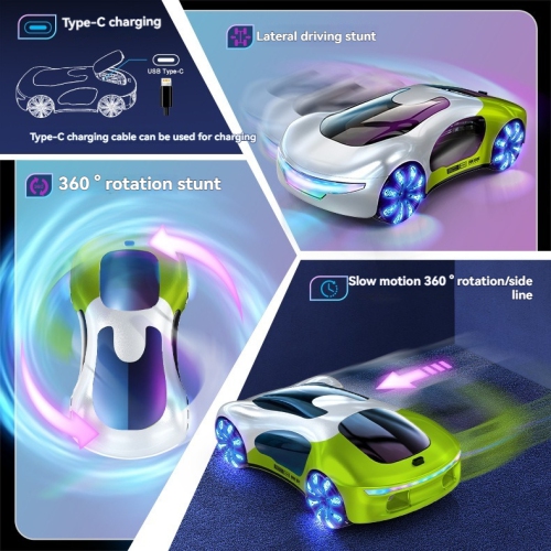 A dazzling remote control stunt car that can rotate 360 degrees and has eye-catching paint, making it a great birthday gift for boys - Green