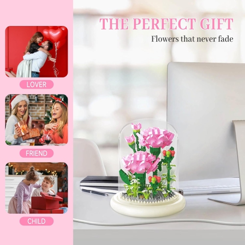 Flower building block set, creative bonsai tree and carnation preserved bouquet, with protective cover, suitable for birthday gifts, for mother