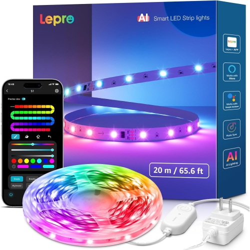 Lumières S1 AI LED de Lepro, bande lumineuse DEL RGBIC Wi-Fi 65.6&nbsp;pi pour chambre, bandes lumineuses Alexa/Google LED, bandes lumineuses Sync