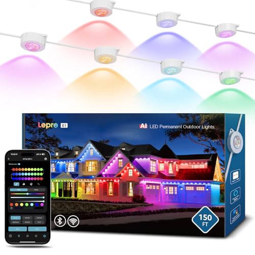 Lepro E1 AI Permanent Outdoor Lights APP Control, 150ft RGB+IC Smart Eaves Lights with 90 Warm/Cool White LED, Alexa Google Enabled Outdoor Lights