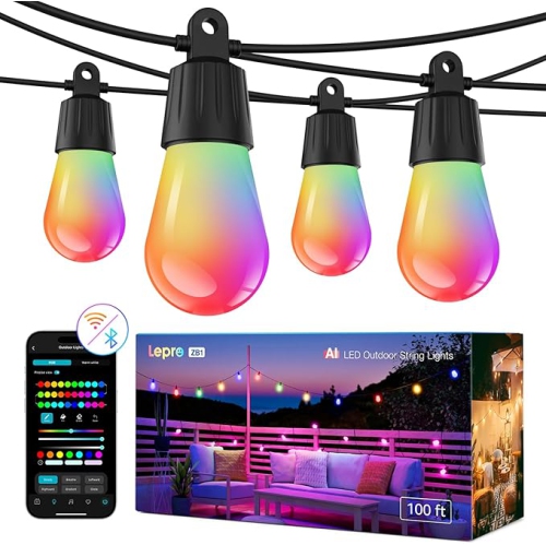 Lepro ZB1 AI Smart String Lights APP Control, 100ft RGB+IC+Warm White Patio Lights 30 LED Bulbs, Alexa Google Enabled Outdoor Lights, AI Generated