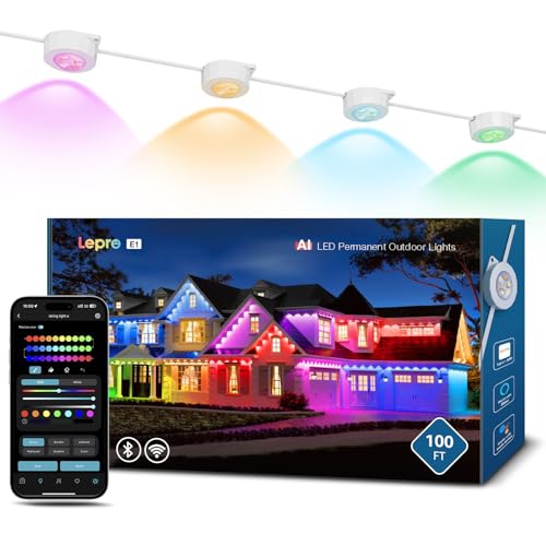 Lepro E1 AI Permanent Outdoor Lights APP Control, 100ft RGB+IC Smart Eaves Lights with 60 Warm/Cool White LED, Alexa Google Enabled Outdoor Lights