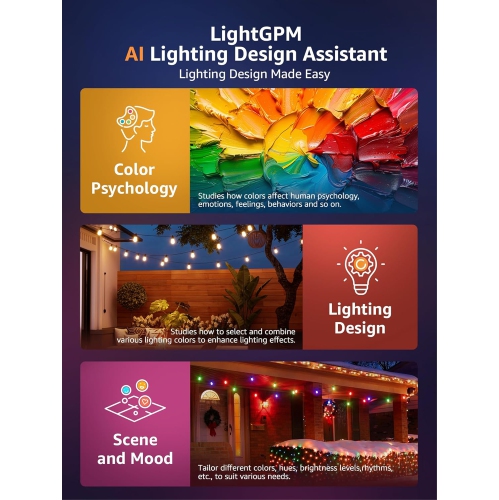 Lepro ZB1 AI Smart String Lights APP Control, 54ft RGB+IC+Warm White Patio Lights 15 LED Bulbs, Alexa Google Enabled Outdoor Lights