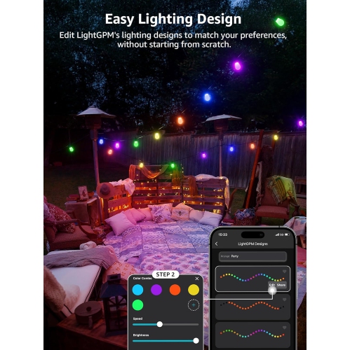 Lepro ZB1 AI Smart String Lights APP Control, 54ft RGB+IC+Warm White Patio Lights 15 LED Bulbs, Alexa Google Enabled Outdoor Lights