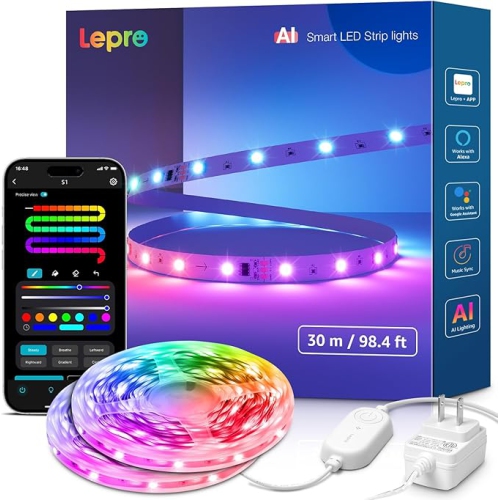 Lepro S1 AI LED Lights, 98.4ft WiFi RGBIC Led Lights Strip for Bedroom, Work with Alexa & Google LED Strip Lights, Music Sync LLM RGB Lights