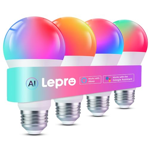 LEPRO  B2 Ai Smart Light Bulbs, 1100Lm Wifi & Bluetooth RGBww Color Changing Light Bulb, Works With Alexa & Google Assistant 4 Pack