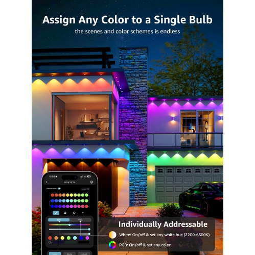 Lepro E1 AI Permanent Outdoor Lights APP Control, 50ft RGB+IC Smart Outdoor Lights with 30 Warm/Cool White LED, Alexa Google Enabled Eaves Lights