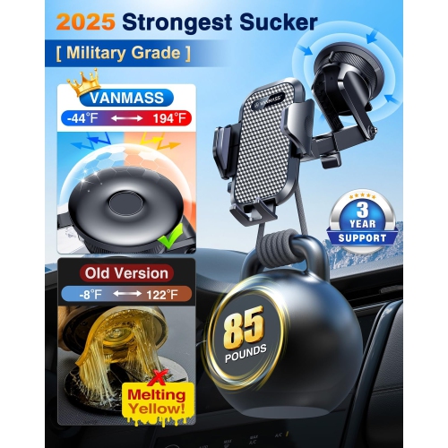 2025 Ultimate Military-Grade Car Phone Holder【Newest & Best & Strongest Suction】Cell Mount with Safety Cert Dashboard Windshield Vent Truck Cradle
