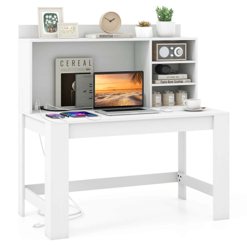COSTWAY  Computer Desk With Hutch 2 Power Outlets USB & Type-C Charging Ports 3 Shelves White/black