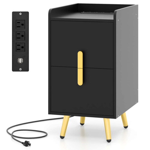 Table de chevet Costway avec station de recharge Table de chevet avec 2 tiroirs, café/blanc