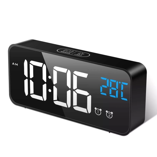 LED Digital Alarm Clock, Rechargeable Mirror Bedside Clock with Clock Display