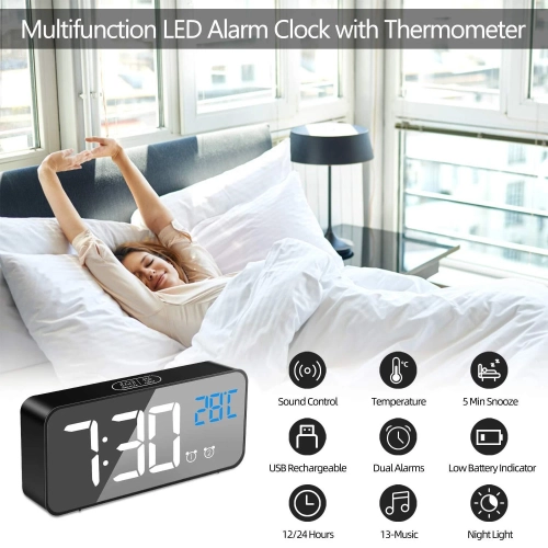 LED Digital Alarm Clock, Rechargeable Mirror Bedside Clock with Clock Display