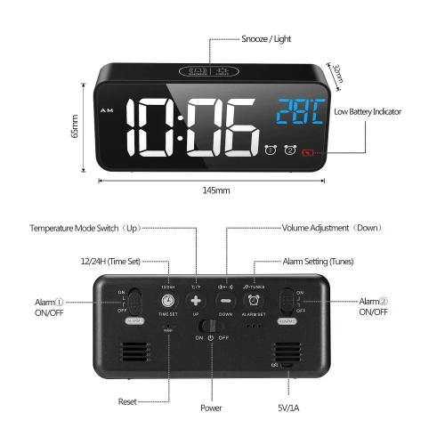 LED Digital Alarm Clock, Rechargeable Mirror Bedside Clock with Clock Display