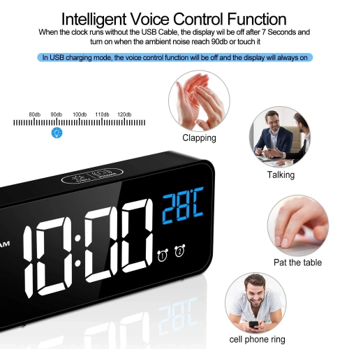 LED Digital Alarm Clock, Rechargeable Mirror Bedside Clock with Clock Display