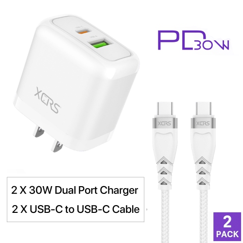 Fast iPhone Charger 30W XCRS Dual Port USB-C/USB-A Wall Adapter with USB-C Cable – Compatible with iPhone 17/16/15, iPad, Samsung S25, Pixel &