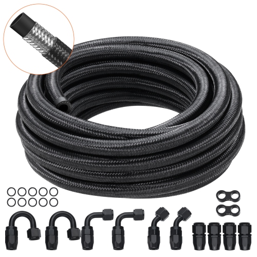 VEVOR 20 FT 6AN Fuel Line Kit, Fuel Hose Kit, 0.34" Nylon Stainless Steel Braided Fuel Line Oil/Gas/Diesel Hose End Fitting Kit, with 12 PCS Swivel