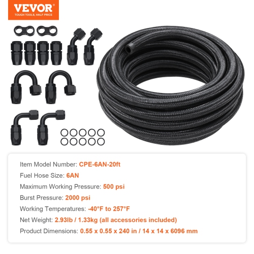 VEVOR 20 FT 6AN Fuel Line Kit, Fuel Hose Kit, 0.34" Nylon Stainless Steel Braided Fuel Line Oil/Gas/Diesel Hose End Fitting Kit, with 12 PCS Swivel