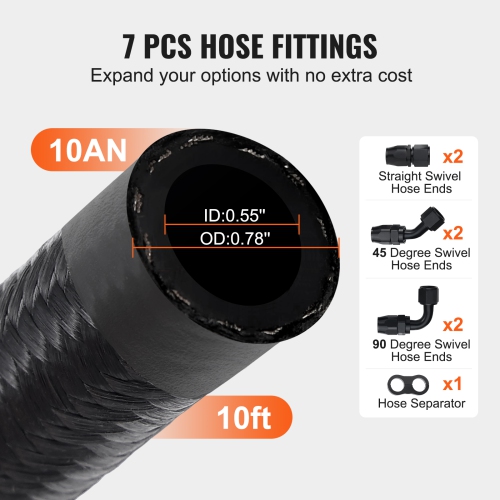 VEVOR 10 FT 10AN Fuel Line Kit, Fuel Hose Kit, 0.55" Nylon Stainless Steel Braided Fuel Line Oil/Gas/Diesel Hose End Fitting Kit, with 7 PCS Swivel