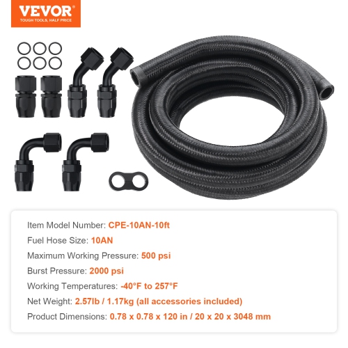 VEVOR 10 FT 10AN Fuel Line Kit, Fuel Hose Kit, 0.55" Nylon Stainless Steel Braided Fuel Line Oil/Gas/Diesel Hose End Fitting Kit, with 7 PCS Swivel