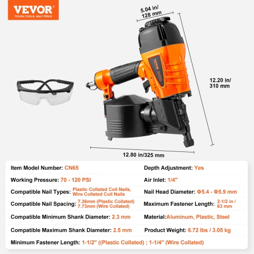 VEVOR CN65 Coil Siding Nailer,1-1/4" to 2-1/2" 15 Degree Pneumatic Siding Nail Gun with Tool-Less Depth Adjustment,70-120PSI for Siding,Pallet