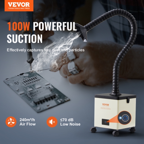 VEVOR 100W Solder Fume Extractor, Soldering Smoke Extractor with 3-Stage Filters, 240 m³/h Strong Suction Smoke Absorber and Purifier for Soldering,