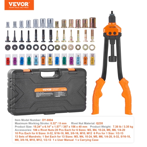 VEVOR 16" Labor-Saving Rivet Nut Tool,with 13PCS Metric & SAE Mandrels,186PCS Rivet Nuts,M3,M4,M5, M6, M8, M10, M12, 1/4-20, 5/16-18, 3/8-16,1/2-13,