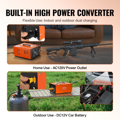 VEVOR 4500PSI Portable PCP Air Compressor, with Built-in Converter, Auto-Stop, DC12V/AC120V, Oil & Water-Free Paintball Tank Compressor Pump for Air