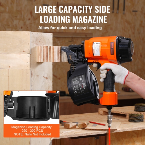VEVOR MCN70 Coil Siding Nailer, 1-3/4" to 2-3/4" 15 Degree Pneumatic Siding Nail Gun, 70-120PSI Air Coil Nailer for Pallet, Crating, Framing, Siding