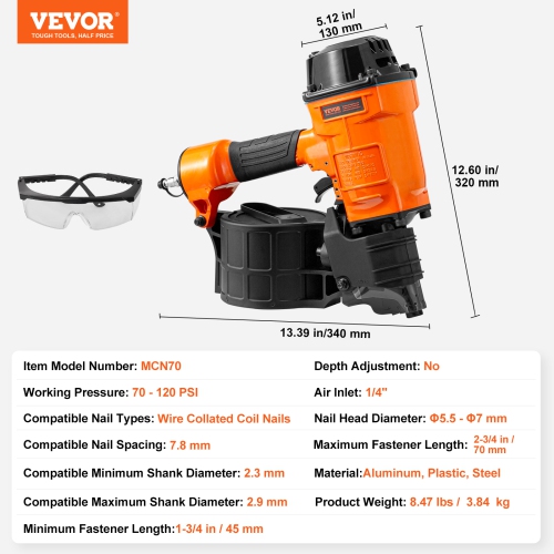 VEVOR MCN70 Coil Siding Nailer, 1-3/4" to 2-3/4" 15 Degree Pneumatic Siding Nail Gun, 70-120PSI Air Coil Nailer for Pallet, Crating, Framing, Siding