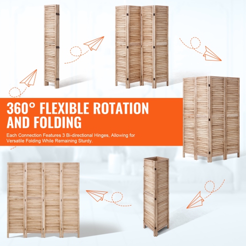 VEVOR 4 Panel Wood Room Divider, Wood Folding Privacy Screen, 66.9 Inches Tall Indoor Louvered Wooden Partition, Portable Decoration Screen, for Room