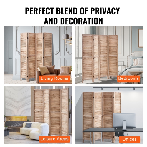 VEVOR 4 Panel Wood Room Divider, Wood Folding Privacy Screen, 66.9 Inches Tall Indoor Louvered Wooden Partition, Portable Decoration Screen, for Room