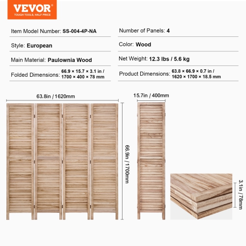 VEVOR 4 Panel Wood Room Divider, Wood Folding Privacy Screen, 66.9 Inches Tall Indoor Louvered Wooden Partition, Portable Decoration Screen, for Room