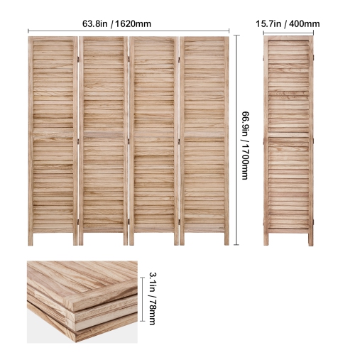 VEVOR 4 Panel Wood Room Divider, Wood Folding Privacy Screen, 66.9 Inches Tall Indoor Louvered Wooden Partition, Portable Decoration Screen, for Room