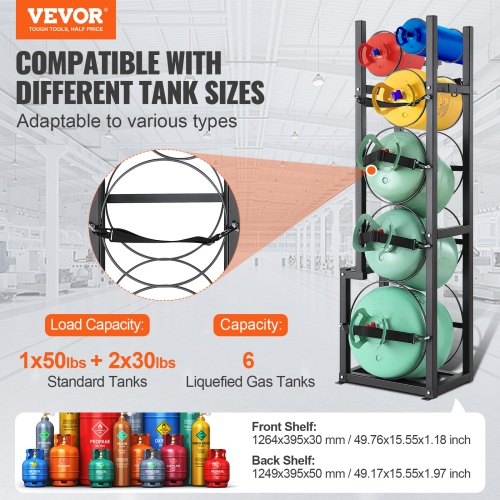 VEVOR 15.55x12.99x49.8 in Refrigerant Tank Rack, with 1 x 50lb, 2 x 30lb and Other 3 Small Bottle Tanks, Cylinder Tank Rack, Refrigerant Cylinder