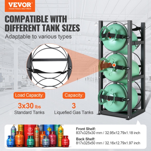 VEVOR 12.79x12.99x33.07 in Refrigerant Tank Rack, with 3 x 30lbs Bottle Tanks, Cylinder Tank Rack, Refrigerant Cylinder Rack Gas Cylinder Racks and