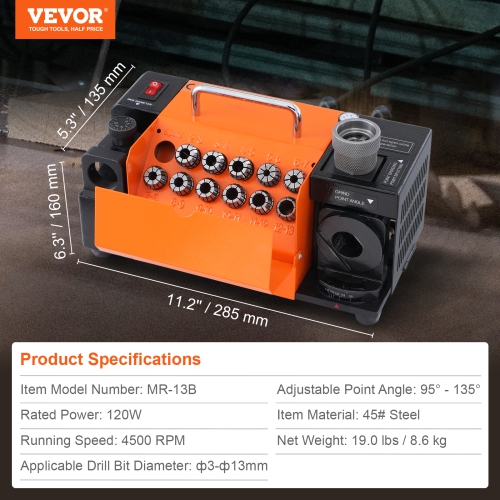 VEVOR 3-13mm Drill Bits Grinder Sharpener, Lip Relief Angle & 95°-135° Point Angle Adjustable Drill Bit Re-Sharpener, Portable Sharpening Machine